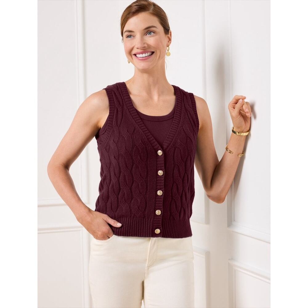 Talbots Cable Knit Wool Blend Button Front V-Neck Sweater Vest Burgundy Rich Red